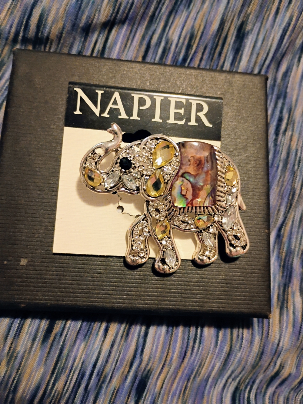 Napier Silver Elephant Brooch with Yellow and Iridescent Accents